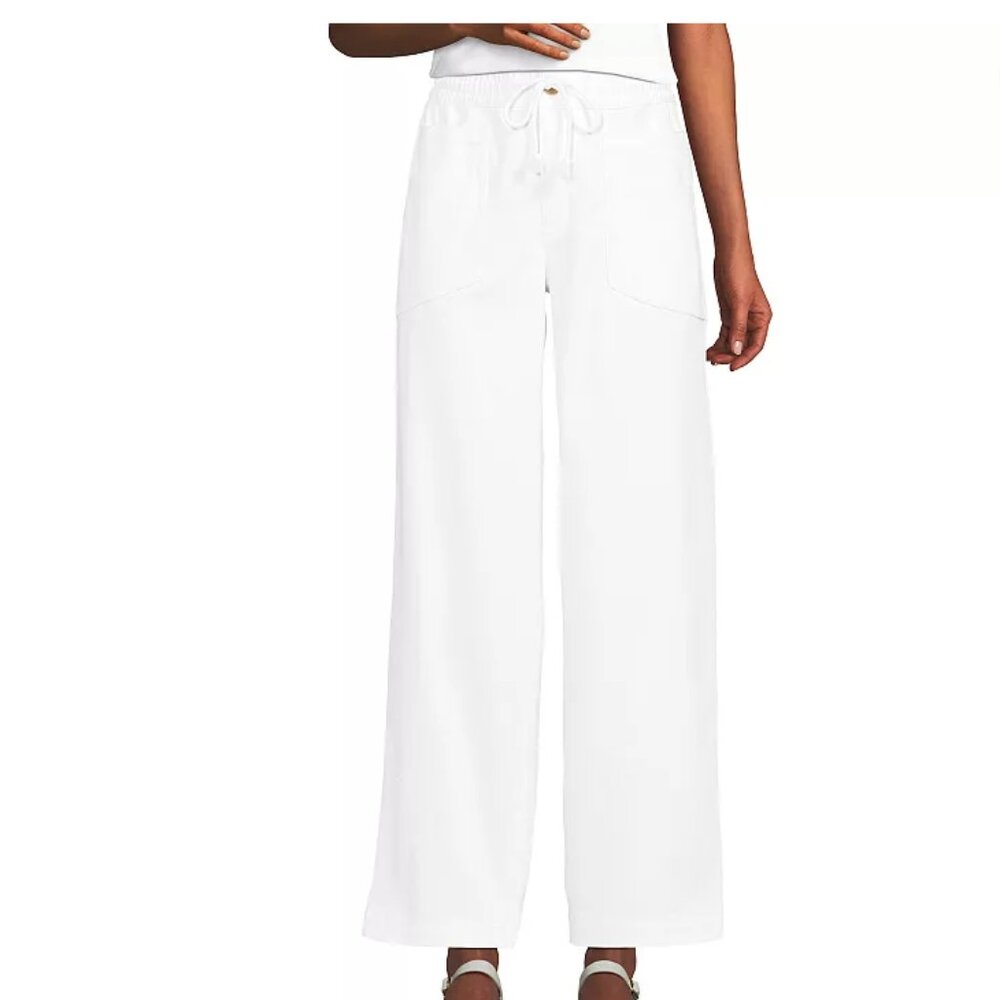 Lands' End Herringbone Chino High Rise Drawstring Ankle Pants - 14 - White